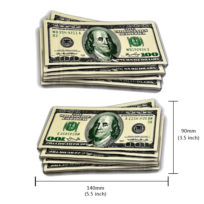 A stack of US one hundred dollar bills shown next to a measurement ruler.