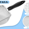 Silver beach sand scoop with a black handle and mesh details