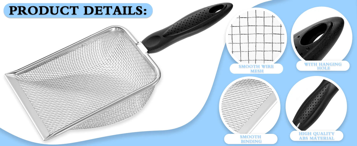 Silver beach sand scoop with a black handle and mesh details