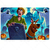 A jigsaw puzzle featuring Scooby-Doo and ghostly figures in a spooky, nighttime setting.