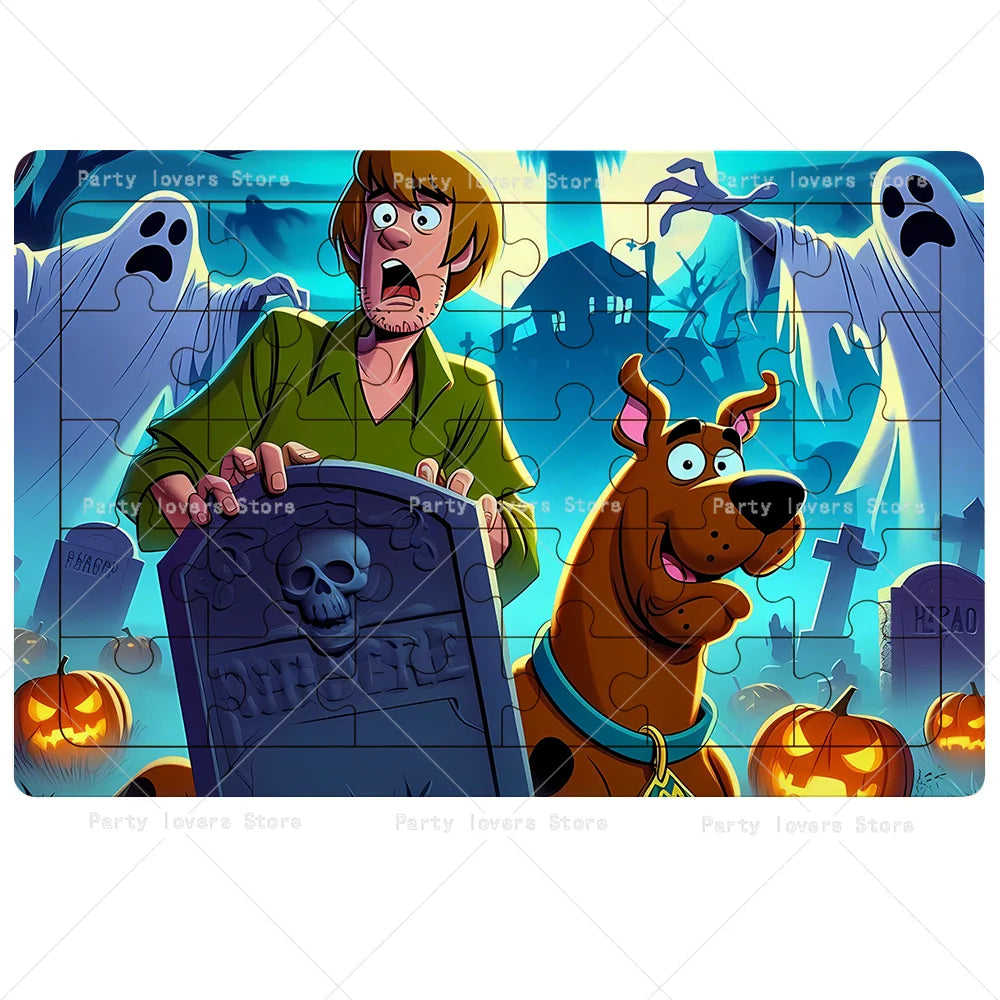 A jigsaw puzzle featuring Scooby-Doo and ghostly figures in a spooky, nighttime setting.