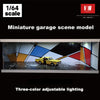 A miniature garage scene model featuring a yellow car displayed in an acrylic showcase with three-color adjustable lighting.