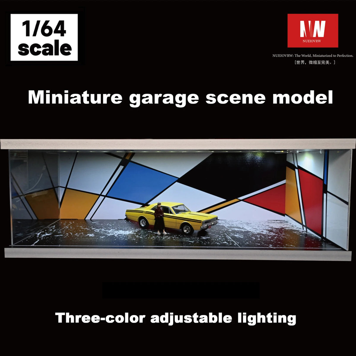 A miniature garage scene model featuring a yellow car displayed in an acrylic showcase with three-color adjustable lighting.
