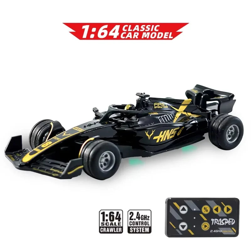 A black 1:64 classic car model remote control race car with an app and lights.