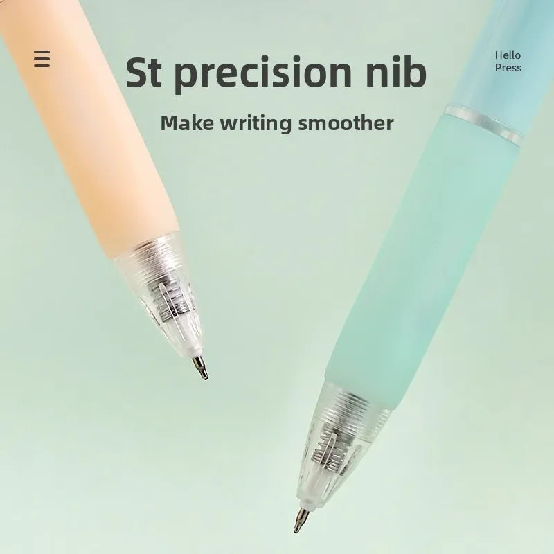 A close-up view of a light pink and blue gel pen nib set demonstrating smooth writing.