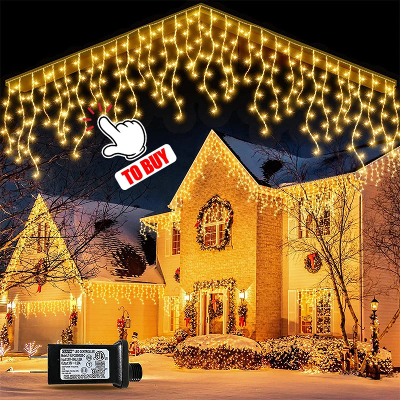 Battery-powered fairy lights draped across the roofline of a house in winter scenery.
