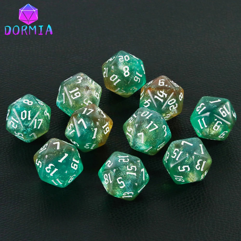 A collection of ten glittery polyhedral dice in various shades of green and translucent colors displayed on a dark surface.