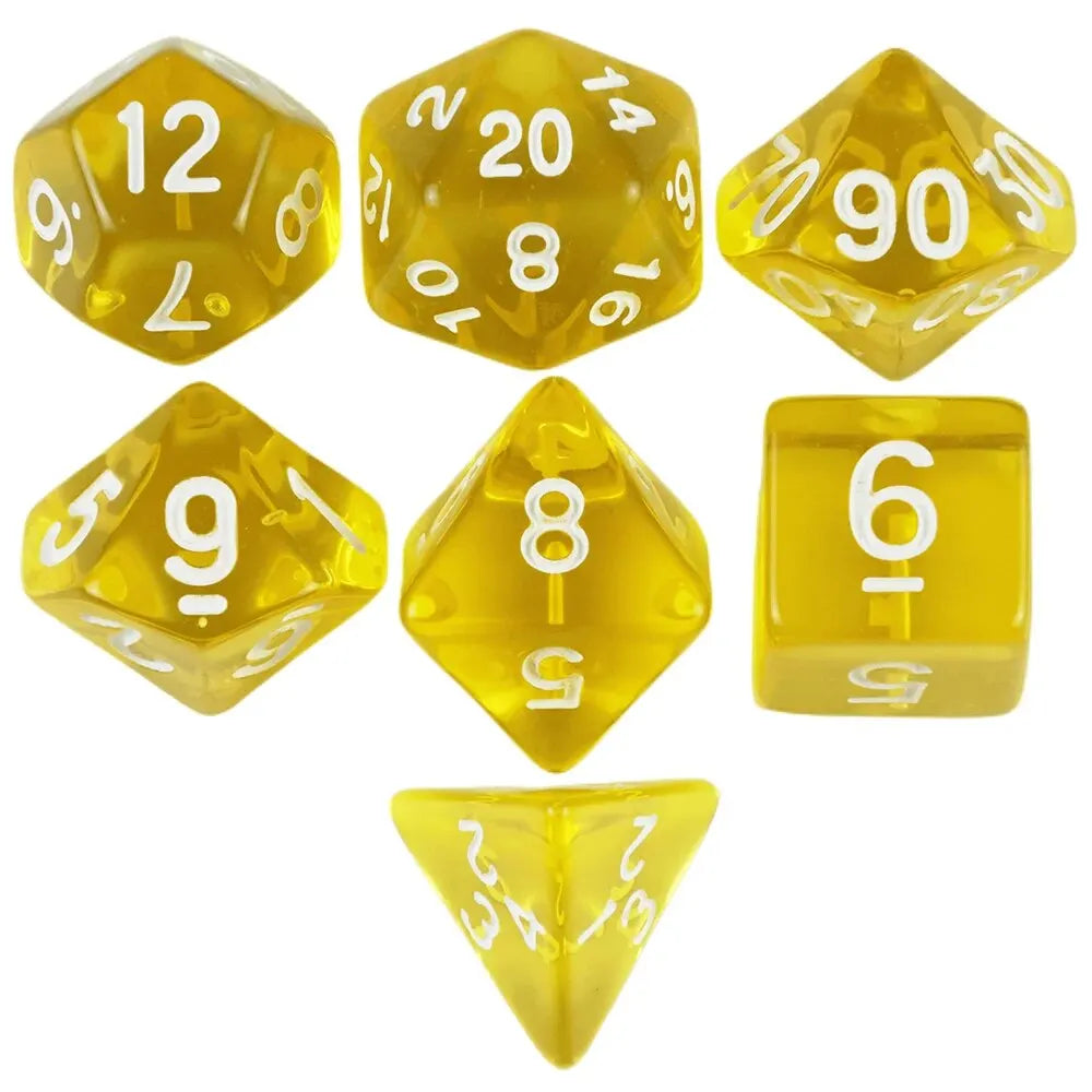 A set of transparent polyhedral dice including a dodecahedron, icosahedron, and d10s.