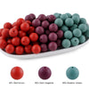 A collection of round silicone beads in various shades including red, maroon, and green.