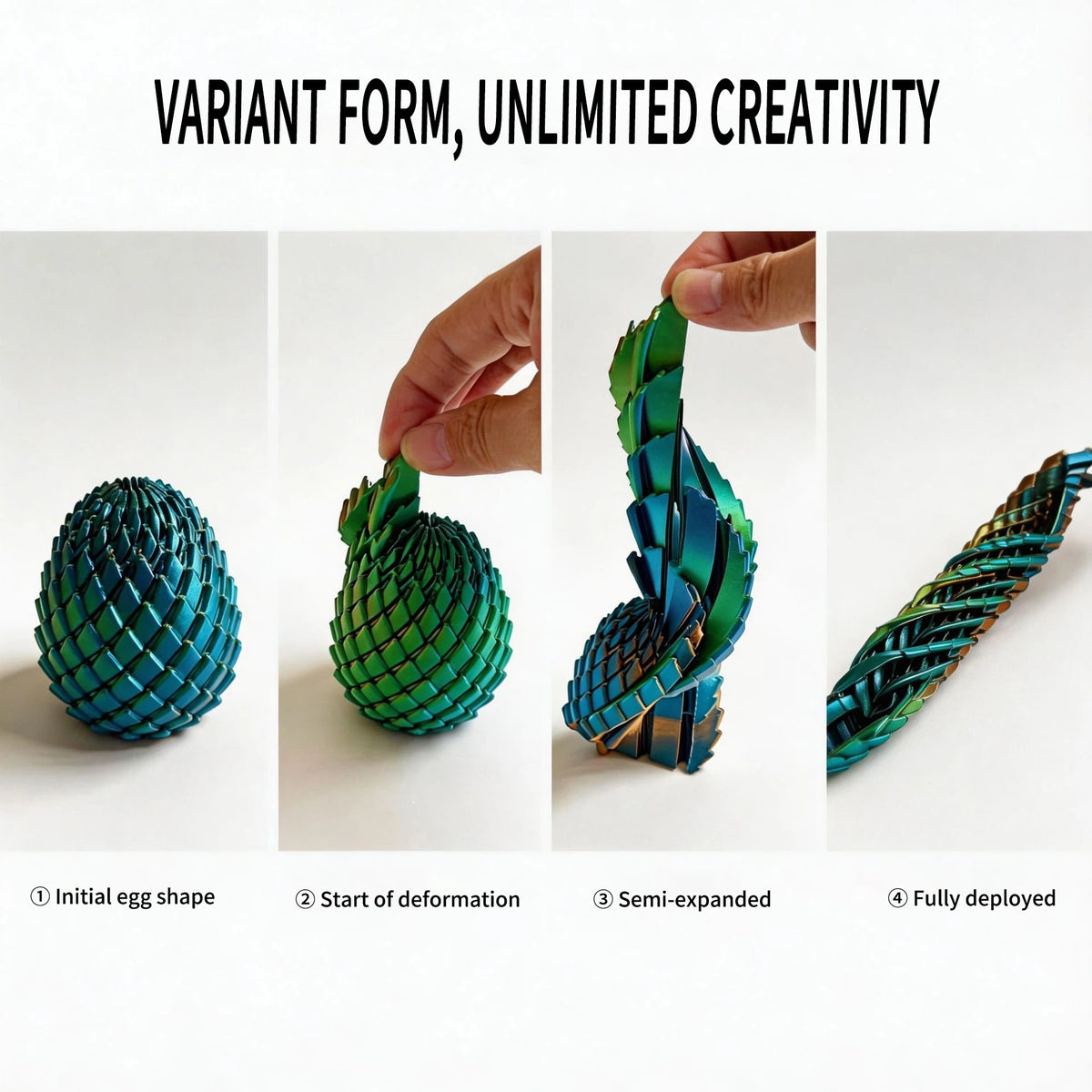 A series of four images showing a dragon egg fidget toy transforming from an initial shape to fully deployed form.