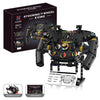A black steering wheel building blocks set with instructions and racing wheels displayed next to its box.