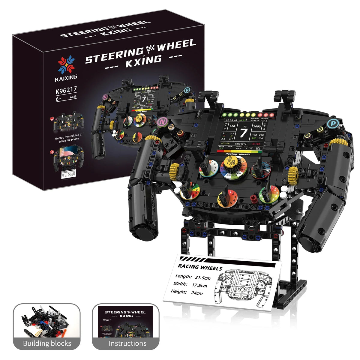 A black steering wheel building blocks set with instructions and racing wheels displayed next to its box.