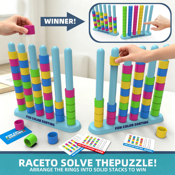 A hand is arranging colorful rings into solid stacks for a fun color sorting puzzle game.