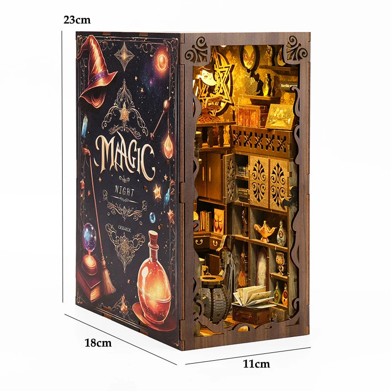 A wooden miniature bookshelf kit featuring a magical theme with internal lighting and decorative elements.