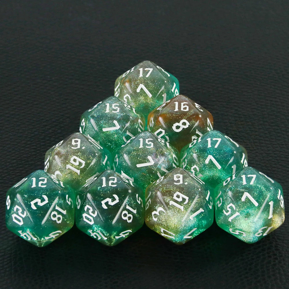 A pyramid of ten glittery green D20 dice with various numbers and colors for tabletop gaming.