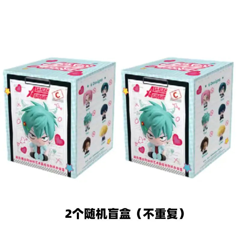 Two mystery blind box figures from the Alien Stage Art School series in light blue packaging