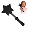 A black star-shaped magic wand with a handle is shown next to a young girl holding it.