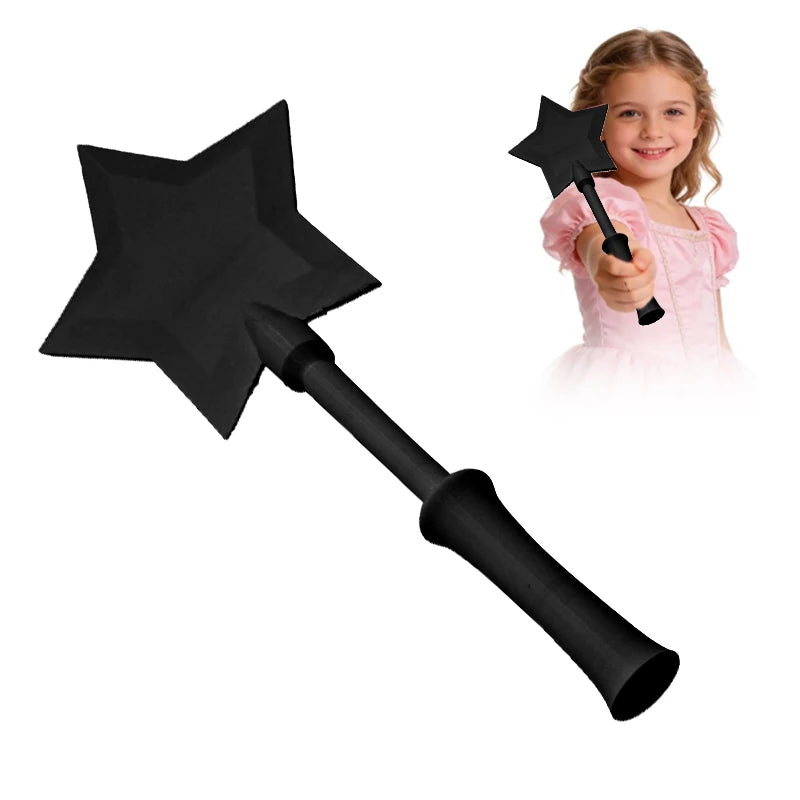 A black star-shaped magic wand with a handle is shown next to a young girl holding it.