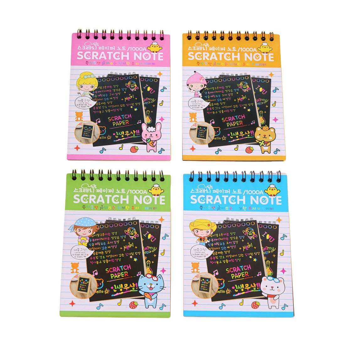 Four colorful spiral notebooks featuring scratch art pages for kids and adults