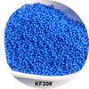 A pile of bright blue 1.5mm solid glass seed beads labeled KF20# for jewelry and craft.