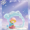 A delicate figure of a girl with pink hair and a light blue outfit is featured against a snowy, ethereal background.