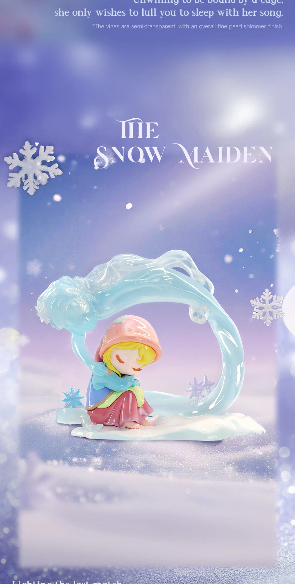 A delicate figure of a girl with pink hair and a light blue outfit is featured against a snowy, ethereal background.