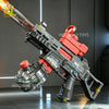 A red and black automatic electric UMP45 water blaster rifle is shown in a dynamic angle on a dark surface.