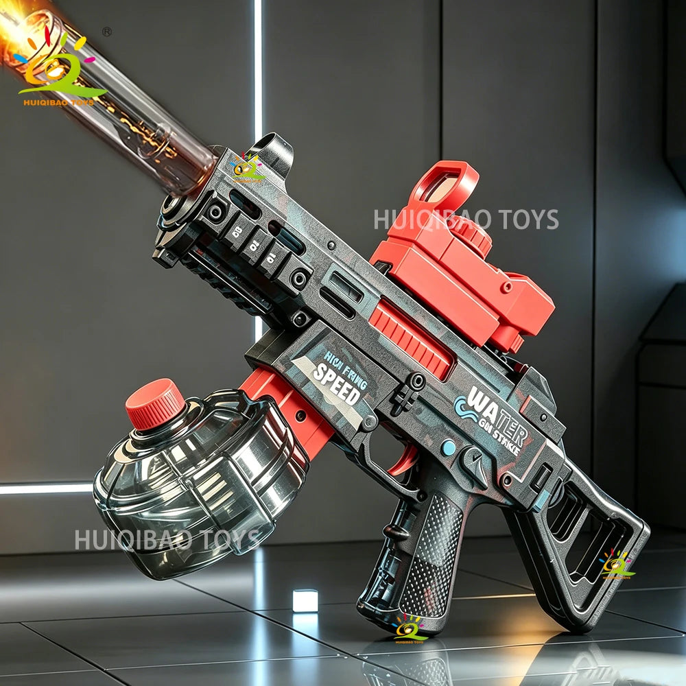 A red and black automatic electric UMP45 water blaster rifle is shown in a dynamic angle on a dark surface.