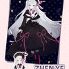 A detailed illustration of a white-haired doll in a black dress with pink accents against a starry background.