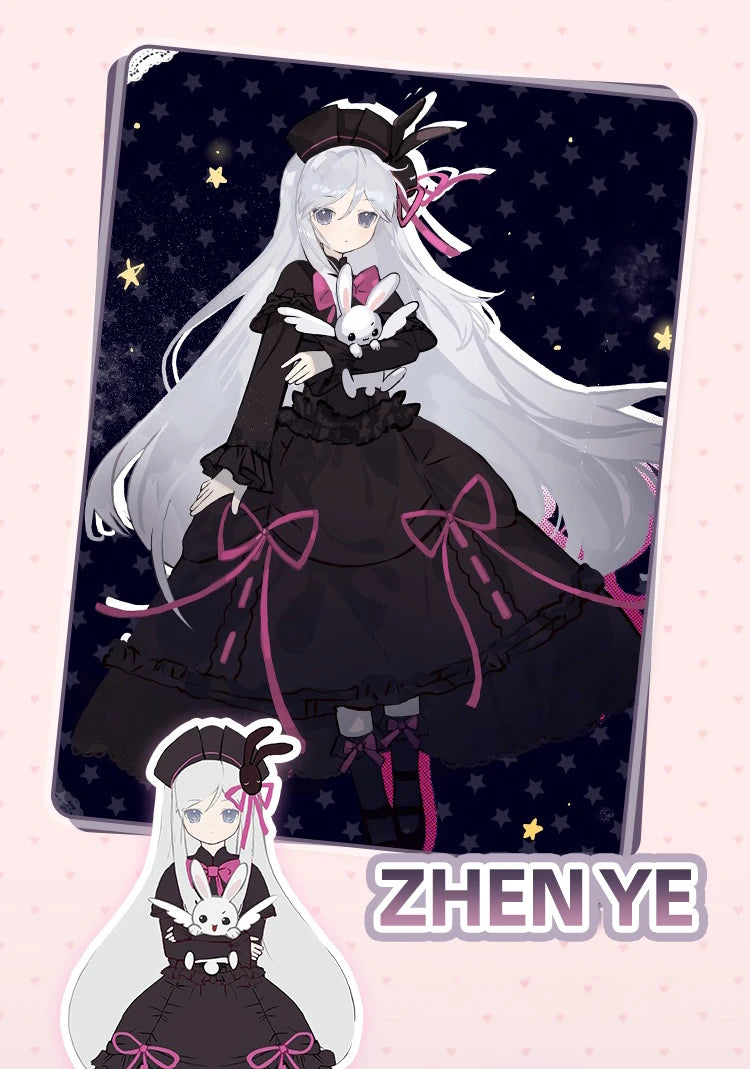 A detailed illustration of a white-haired doll in a black dress with pink accents against a starry background.