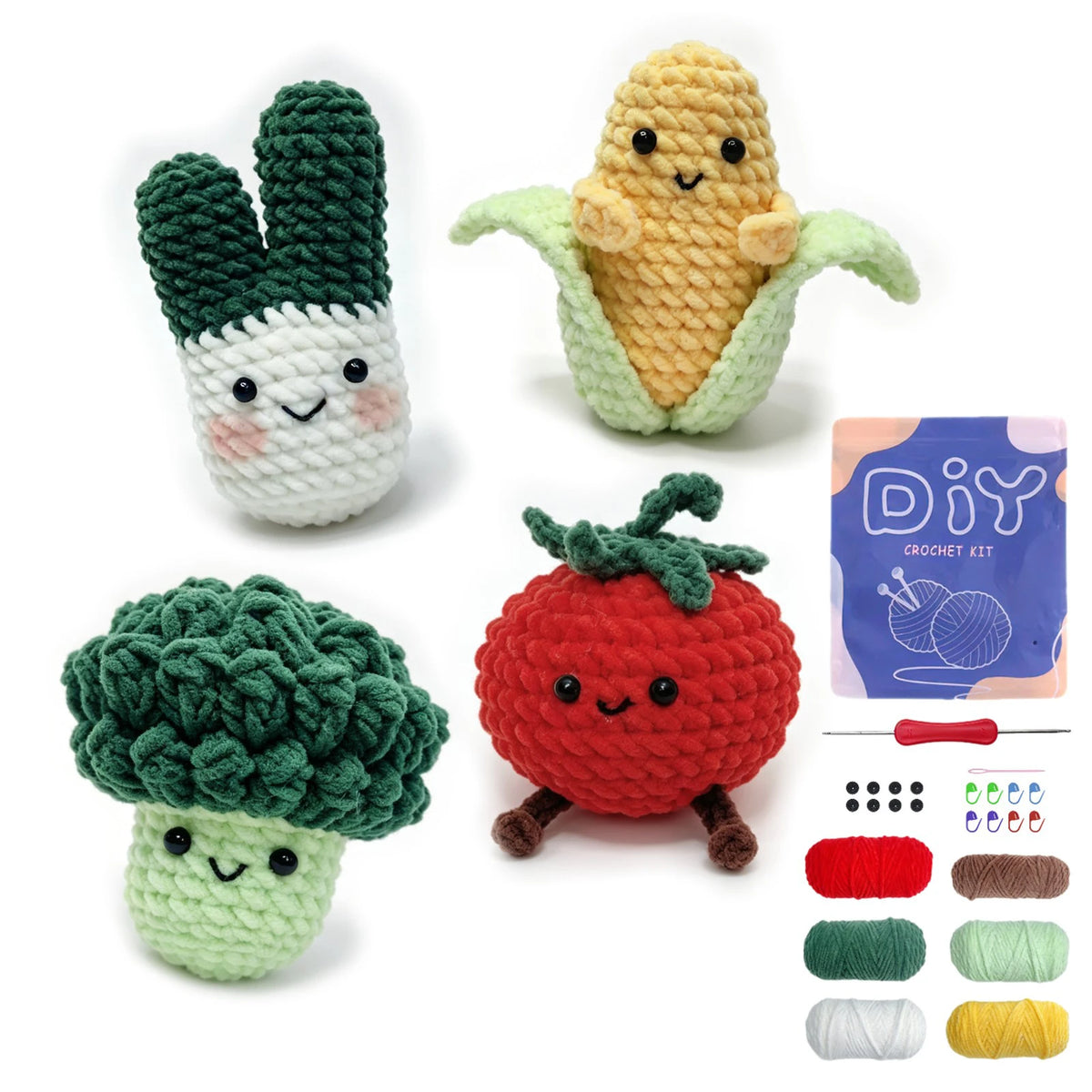 A crochet kit featuring seven stuffed animals including a broccoli, a corn, and a strawberry.