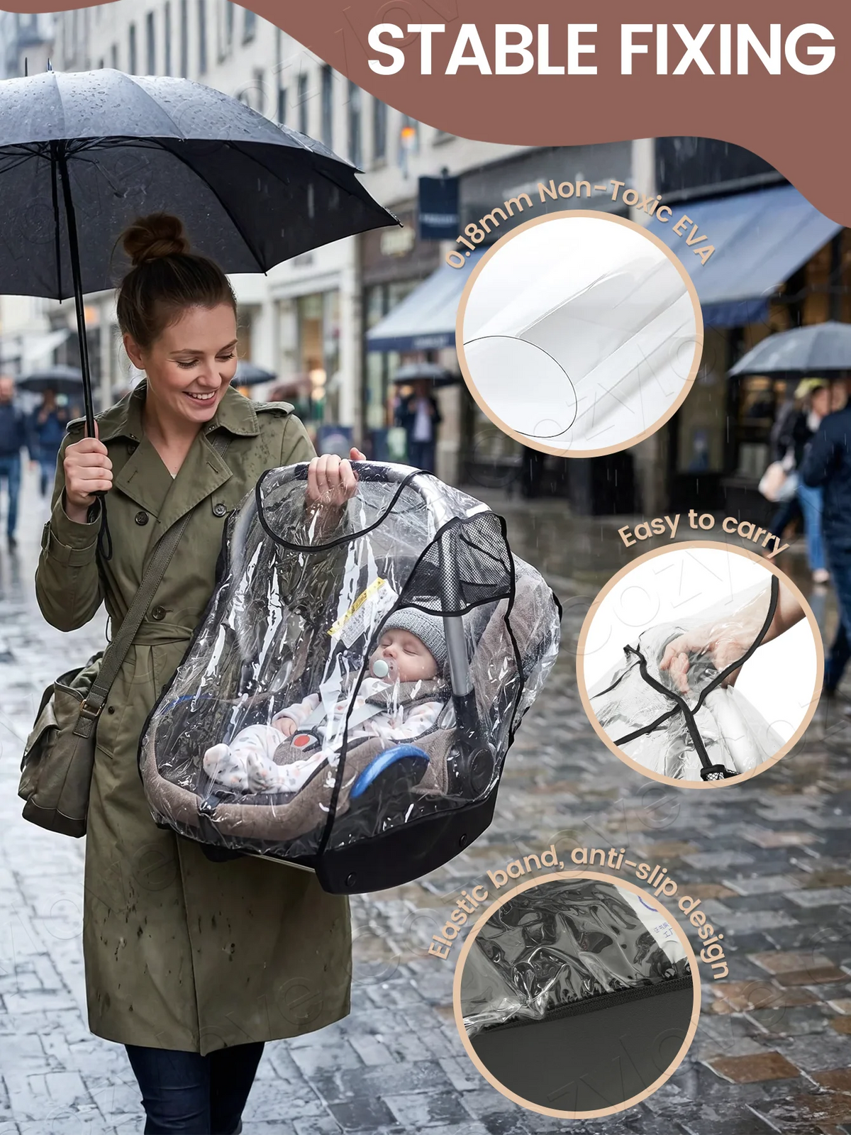A woman is holding a black waterproof stroller rain cover with a baby inside, demonstrating its features.