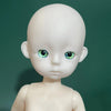 A white 1/6 scale BJD doll with large green eyes against a dark green background.