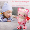 A pink pig toy is shown next to a baby practicing head lifting, demonstrating early learning.