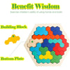 A wooden building block puzzle featuring colorful geometric shapes arranged on a bottom plate.