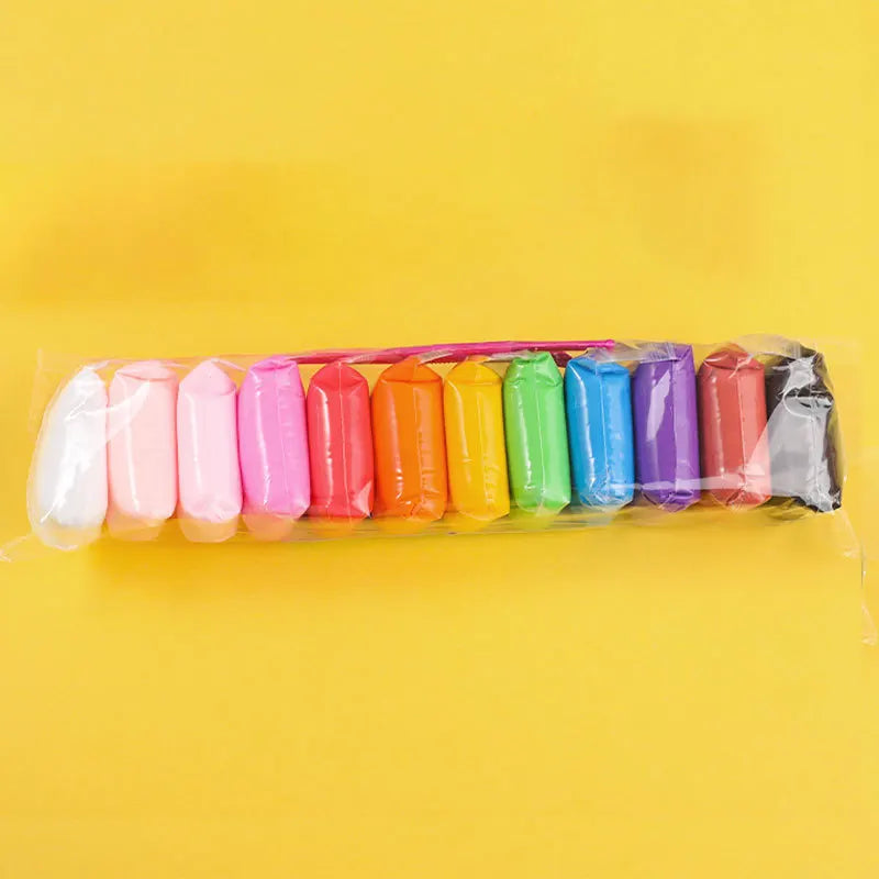 A collection of colorful, stretchy air dry clay modeling kits in various shades are displayed against a yellow background.