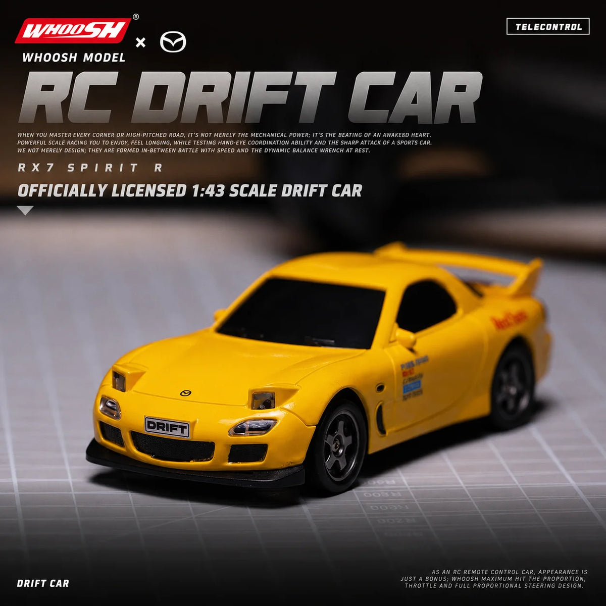 A yellow 1:43 scale RC drift car is shown on a dark surface with a grid background.