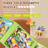 A colorful folding magnetic puzzle set featuring a scene with a child driving a toy car in a jungle environment.