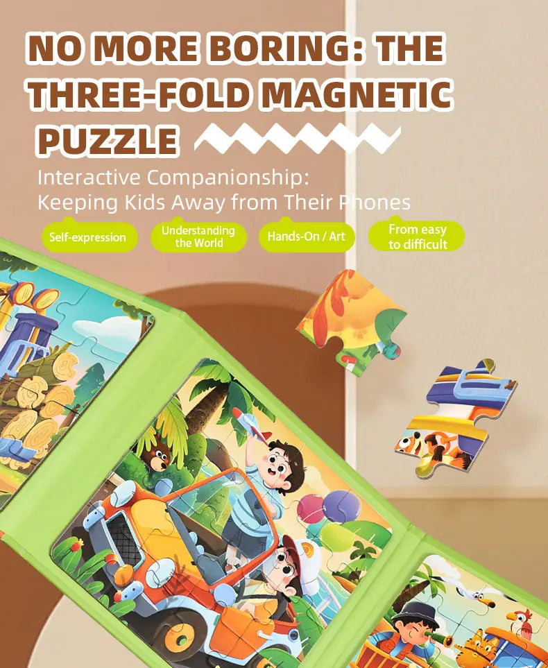 A colorful folding magnetic puzzle set featuring a scene with a child driving a toy car in a jungle environment.