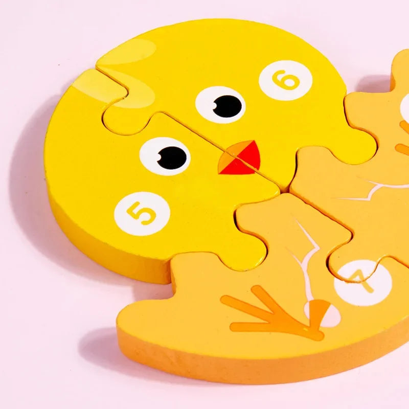 A yellow wooden puzzle piece shaped like a cartoon dinosaur, featuring numbers 5 and 6.