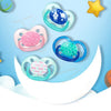 Various soft silicone baby pacifiers and soothers floating on a light blue background.