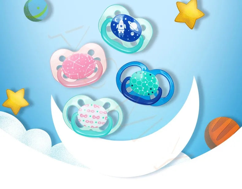 Various soft silicone baby pacifiers and soothers floating on a light blue background.