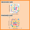 Comparison of received and finished sizes for a colorful welcome back to school wall sticker set.