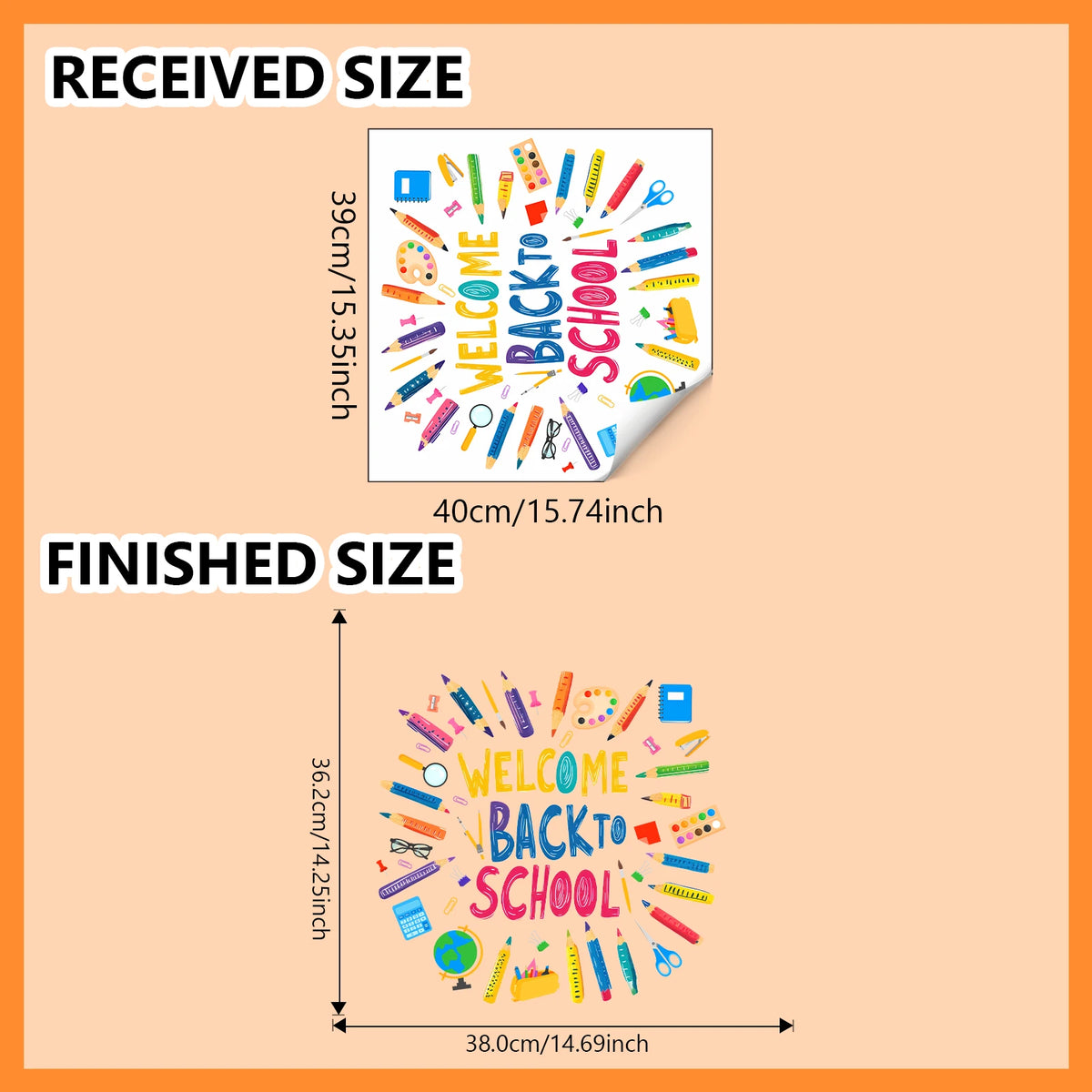 Comparison of received and finished sizes for a colorful welcome back to school wall sticker set.