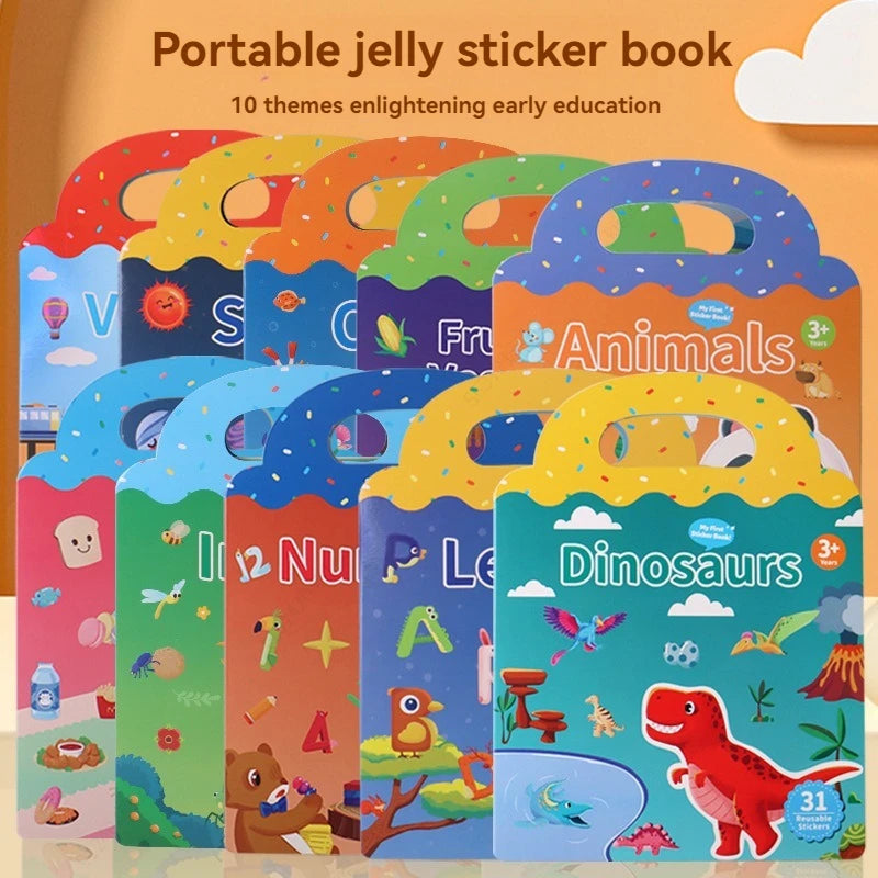 A colorful portable jelly sticker book featuring 10 themes like animals and dinosaurs for early education.