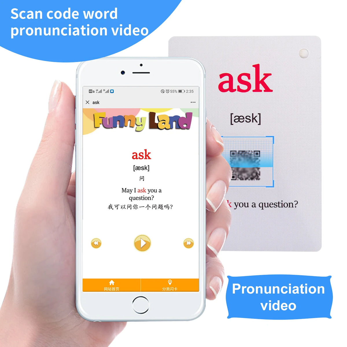 A hand holds a smartphone displaying an Ask word pronunciation video next to a pink flashcard with the word ask.