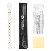A white Baroque Clarinet Recorder is shown alongside its packaging and sheet music.