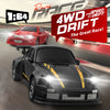 A black 1:64 scale remote control drift car with yellow racing stripes is shown in a dynamic racing context.