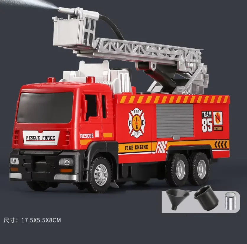 A red fire engine toy truck with a working ladder and siren light, featuring rescue equipment.