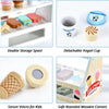 Wooden ice cream counter play set featuring a double storage space, detachable yogurt cup, and safe rounded wooden corners.